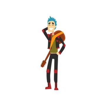 Cheerful guy with guitar on his back. Funny musician with blue hair dressed in 스톡 일러스트