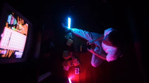 Cheerful guy playing retro console. Have fun. Happy Stock Footage 126094626