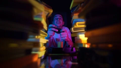 Cheerful guy playing retro console. Have fun. Happy.Retro gaming Stock Footage 126094675