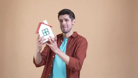 Cheerful guy win jackpot building fist up isolated pastel color background Stock Footage 169936839