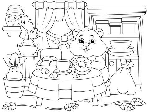 Cheerful hamster eats in the kitchen, home interior. Children coloring book. Stock Illustration