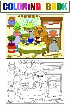 Cheerful hamster eats in the kitchen, home interior. Set example and children Stock Illustration
