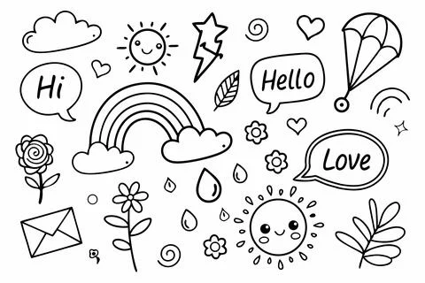 Cheerful hand-drawn doodle elements for kids, rainbows, suns, and speech bubbles Stock Illustration