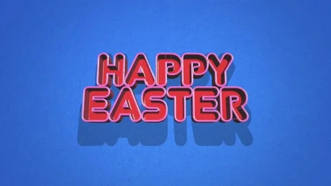 Cheerful Happy Easter greetings in vibrant red text on blue Stockbeeldmateriaal 265839624