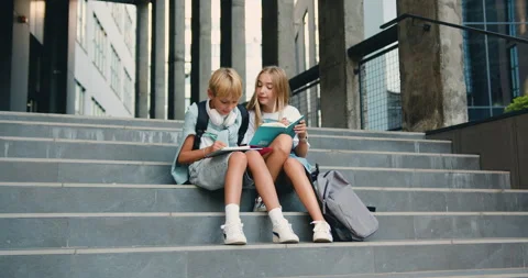 Cheerful high school students sitting on stairs street outdoors near campus Stock Footage 248611401