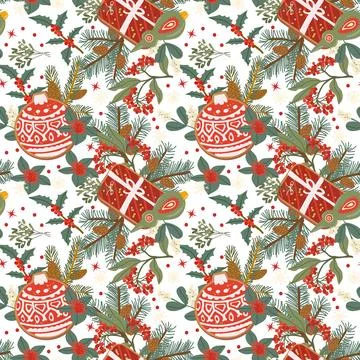 Cheerful holiday pattern backdrop with festive cookies, fir branches, ornam.. イラスト素材