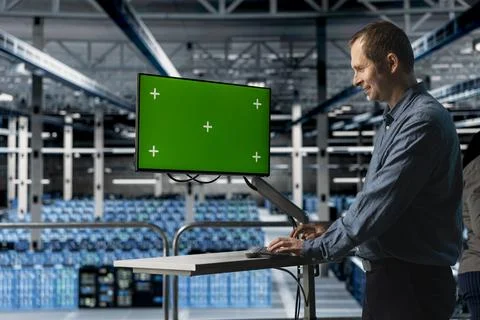 Cheerful IT server room expert uses chroma key computer to minimize downtime Stock Photos
