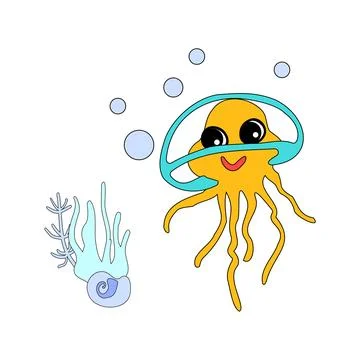 Cheerful jellyfish with bubbles and algae in the ocean. For posters, prints.. Illustrazione stock