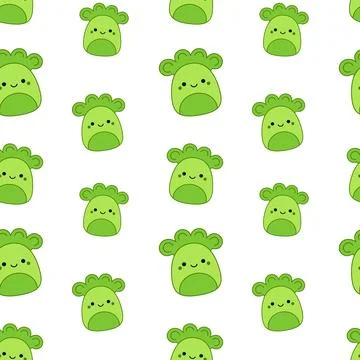 Cheerful kawaii broccoli on seamless pattern. Squishmallow. Broccoli. Kawaii Stock Illustration