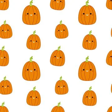 Cheerful kawaii pattern on seamless pattern. Squishmallow. Pumpkin. Kawaii Stock Illustration