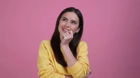 Cheerful lady interest thoughts empty space isolated pastel color background Video stock 168299966