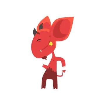 Cheerful little devil dancing and showing his tongue. Red demon character with イラスト素材