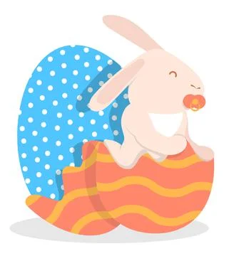 Cheerful little rabbit, hare sits in half of an eggshell. Symbol of Easter ho Illustrazione stock