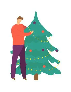 Cheerful male standing christmas tree, man celebrate new year, beautiful green Stock Illustration