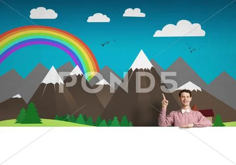 Cheerful man with banner Stock Photos