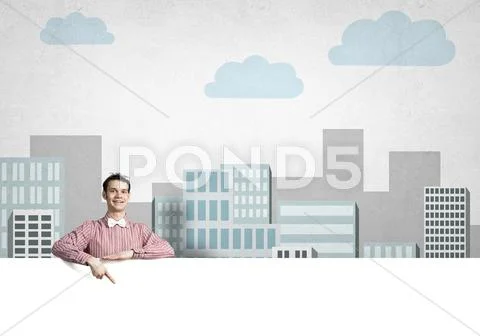 Cheerful man with banner Stock Photos