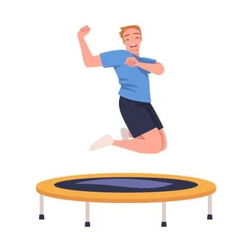 Cheerful Man Character Jumping and Bouncing on Trampoline Engaged in Stock Illustration