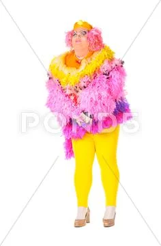 Cheerful man, drag queen, in a female suit Stock Photos