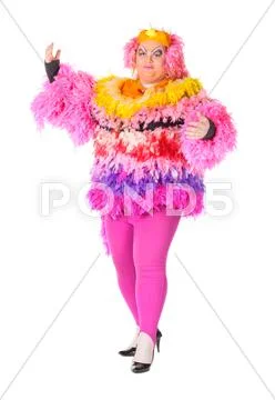 Cheerful man, drag queen, in a female suit Stock Photos