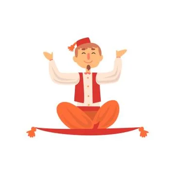 Cheerful man flying on magic carpet. Magician showing levitating trick. Cartoon Stock Illustration