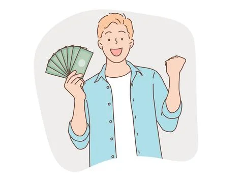 Cheerful man holding banknotes and celebrating Hand drawn vector illustrations Stock Illustration