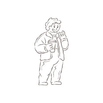 A Cheerful Man In A Jacket Having A Coffee And Snack Vector Illustration Stock Illustration
