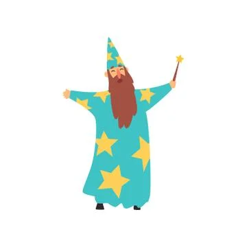 Cheerful man with long beard in blue wizard costume with stars and cone hat Illustrazione stock