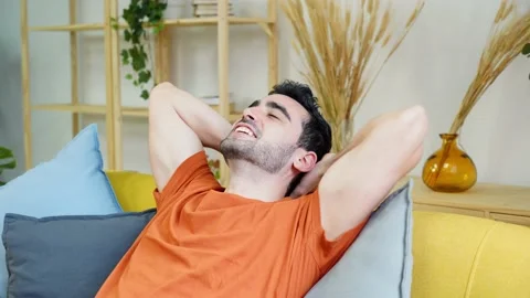Cheerful man lying on sofa in living room Stock Footage 228948074