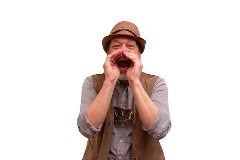 Cheerful man shouting with cupped hands isolated on white background Фото