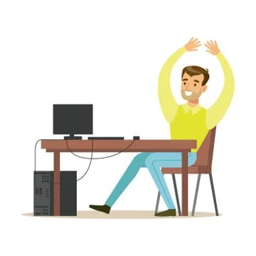 Cheerful man sitting at the office table raising hands, colorful character 스톡 일러스트