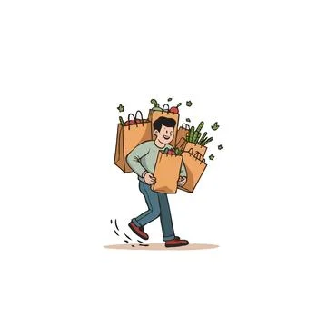 Cheerful man struggles carrying multiple shopping bags after successful tri.. Stock Illustration