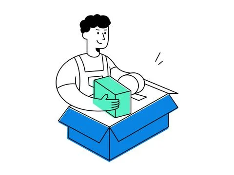 A cheerful man in uniform working on packing order into blue carton box, ha.. 스톡 일러스트