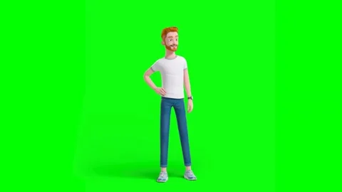 Cheerful Man Waves Hello Standing on Green Background Stock Footage 330034927