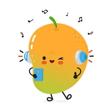 A cheerful mango character dances while listening to music on headphones, hol Illustrazione stock