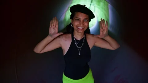 Cheerful Model Show Soiled Palms in Metal Passage Video stock 295470262