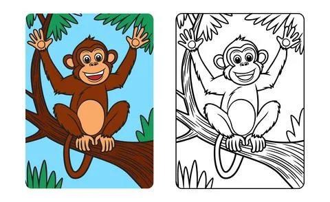 Cheerful monkey ape cartoon character on tree for kids coloring page book Stock Illustration