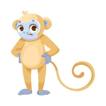 Cheerful Monkey Character with Prehensile Tail Standing with Puzzled Face Vector Stock Illustration