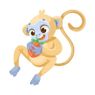 Cheerful Monkey Character with Prehensile Tail Hold Strawberry Vector Stock Illustration