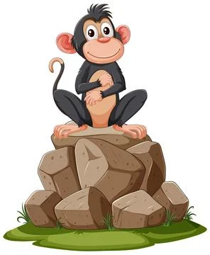 Cheerful Monkey Sitting on Rocks Stock Illustration