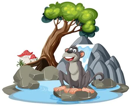 Cheerful Monkey at a Tranquil Pond Stock Illustration