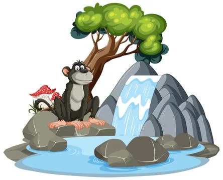 Cheerful Monkey by the Waterfall Oasis Stock Illustration