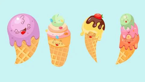 Cheerful multi-colored ice cream of different shapes and fillings on a light Stockillustratie