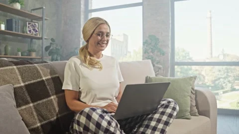 Cheerful nice programmer lady hold netbook coding distance job concept Stock Footage 166902133