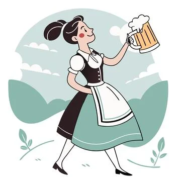 Cheerful Oktoberfest Waitress Holding a Foamy Beer Mug – Vector Illustration Stock Illustration