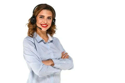 Cheerful operator communicating on clients Stock Photos