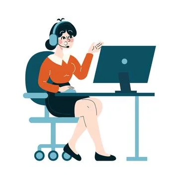 Cheerful operator engaging with clients online, providing solutions with a smile Illustrazione stock