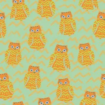 Cheerful orange owls vector pattern on green Stock Illustration