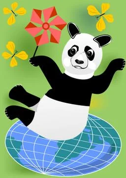 Cheerful panda with vane practicing pilates on the globe Stock Illustration