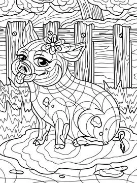 Cheerful pig sits in a puddle and shows its tongue. Farm background. Freehand Stock Illustration