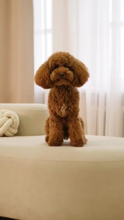 A cheerful Poodle on a modern couch, radiating happiness with its fluffy fur in Stock Footage 307584447
